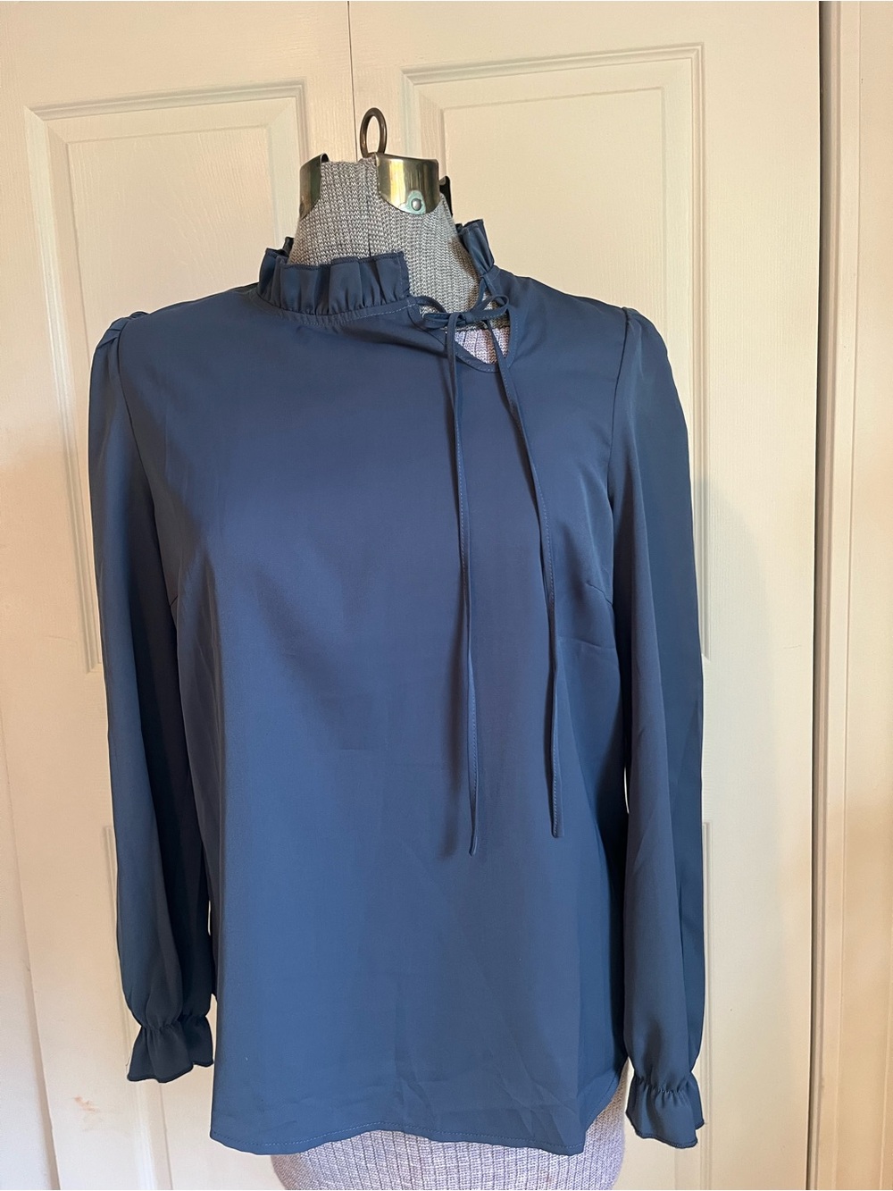 Allegra K Navy Ruffle Tie-Neck Blouse size Large